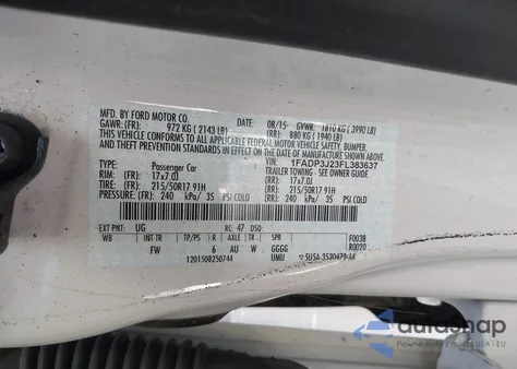 2015 Ford Focus Titanium z USA, uszkodzony, nr VIN 1FADP3J23FL383637